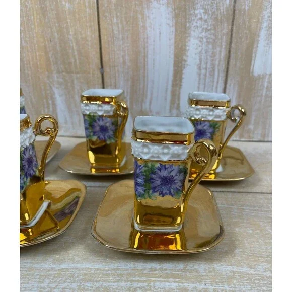5 Bone China Gold Encrusted Floral Square Demi-Tasse Cups & Saucers Germany